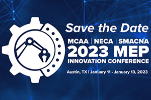 2023 MEP Conference logo, a joint conference among NECA, MCAA, and SMACNA to share innovative best practices in manufacturer- and contractor-led sessions.